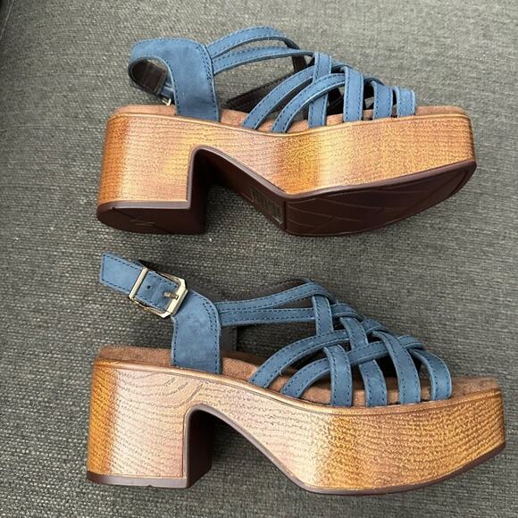 House of Harlow 1960 Georgia Denim Blue Leather Strappy Platform Sandals 6.5M - Picture 2 of 11